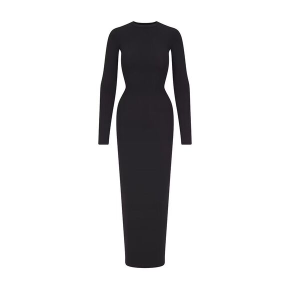 Skims Fits Everybody Crewneck Long Sleeve Dress Onyx Size Small - Picture 1 of 12